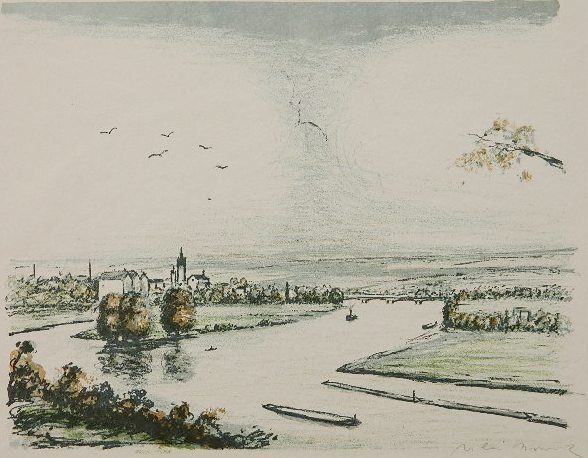 Willi Nowak lithograph: Willi Nowak- ''The Elbe near Limomerice, Bohemia''- lithograph in colors, 1932, signed in pencil, from ''Rivers and Mountains of Czechoslovakia'', collector's mark embossed in lower left corner, very 