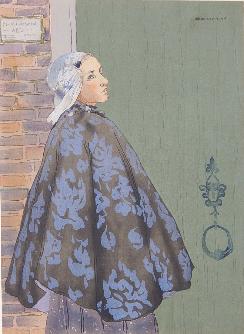 Charles Hovey Pepper woodcut: Charles Hovey Pepper- French Woman in Cloak in Doorway- woodcut in colors. 12 x 8 5/8''