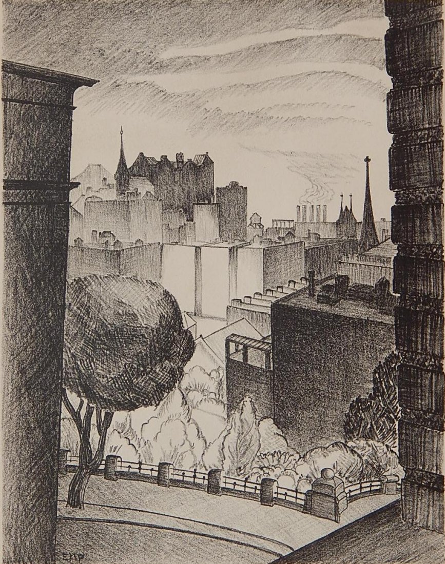 Edna M. Peterson lithograph: Edna M. Peterson- Townscape- lithograph, 1940, signed and dated in pencil, good condition. 10 1/2 x 8 1/4''