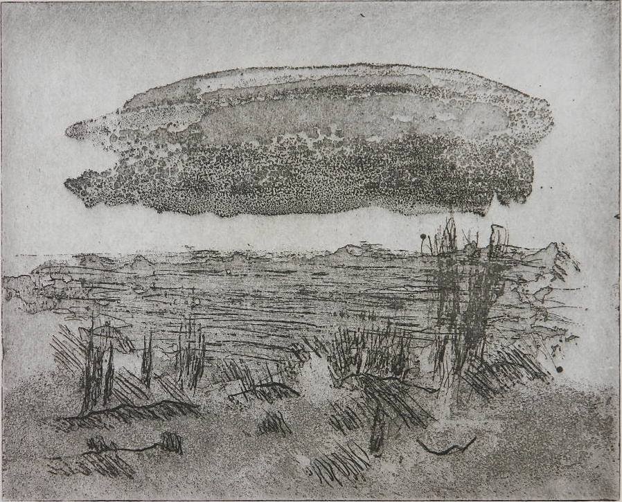 Edna Raphael etching: Edna Raphael- Pond with Cloud- etching, 1998, signed, titled, dated and numbered 4/10, together with Liz Maughans- Innocence Lost; and Adam Simpson- Untitled; overall fair condition, various sizes.