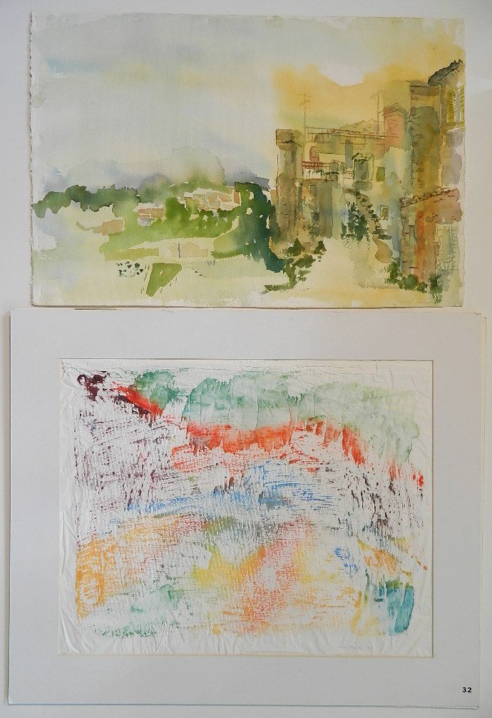 Edna Raphael 10 studies: Edna Raphael- Landscape and Figure studies- 10 watercolor on paper, almost all signed and dated, some staining, old tape remnants, staple impressions along recto and verso edge, various sizes.