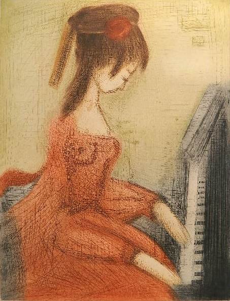 Etienne Ret etching: Etienne Ret- Girl at Piano- etching in colors, signed and numbered 35/100 in pencil, light struck and mat burn. 25 3/8 x 19 1/2''