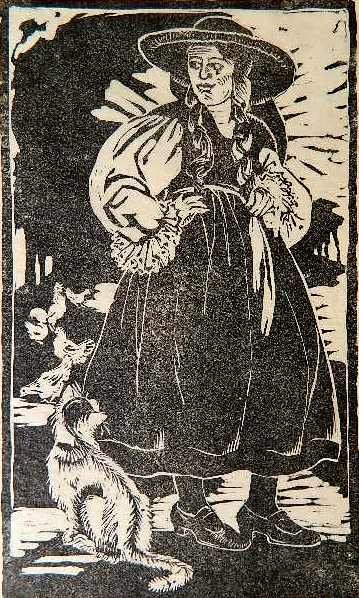 Jessie Beard Rickly linocut: Jessie Beard Rickly- Woman with Cat and Chickens- linocut ca. 1930, signed in pencil, some toning and loss in margin corners. 8 1/2 x 5''