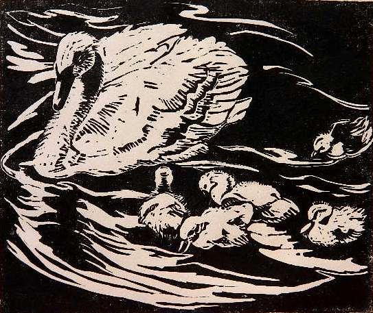 Jessie Beard Rickly linocut: Jessie Beard Rickly- Mother Swan and Babies- linocut, c. 1930, signed and numbered 2/25 in pencil, abrasions and staining in margins, otherwise good condition. 6 3/8 x 7 1/2''