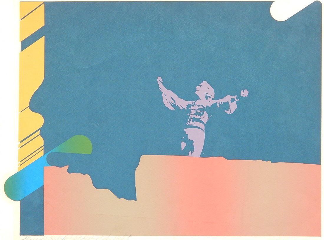 Jack Rowe silkscreen: Jack Rowe- Untitled- silkscreen in colors, 1974, signed, titled, dated and numbered 5/10 in pencil, light struck, scuffing throughout image. 14 x 19''
