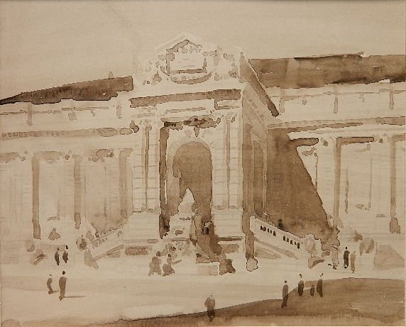 Charles Schneider wash: Charles Schneider- Architectural Drawing- wash on illustration board, adhere to mat without backboard, tear along upper edge, otherwise good condition. 9 x 11''
