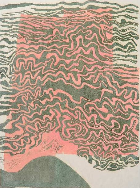 Theresa Sherman linocut: Theresa Sherman- ''Amboise''- linocut in colors, 1970, signed, dated, titled and annotated 'A. P.' in pencil, tipped to support board in all 4 corners. 22 1/2 x 16 3/4''