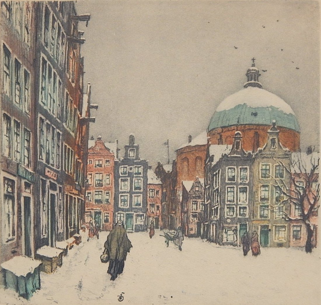 Tavik F. Simon etching in colors: Tavik f. Simon- ''Snow in Amsterdam'' (Novak 326)- color soft ground and aquatint, 1920, signed in pencil, edition of 100, laid down. 9 1/8 x 9 3/8''