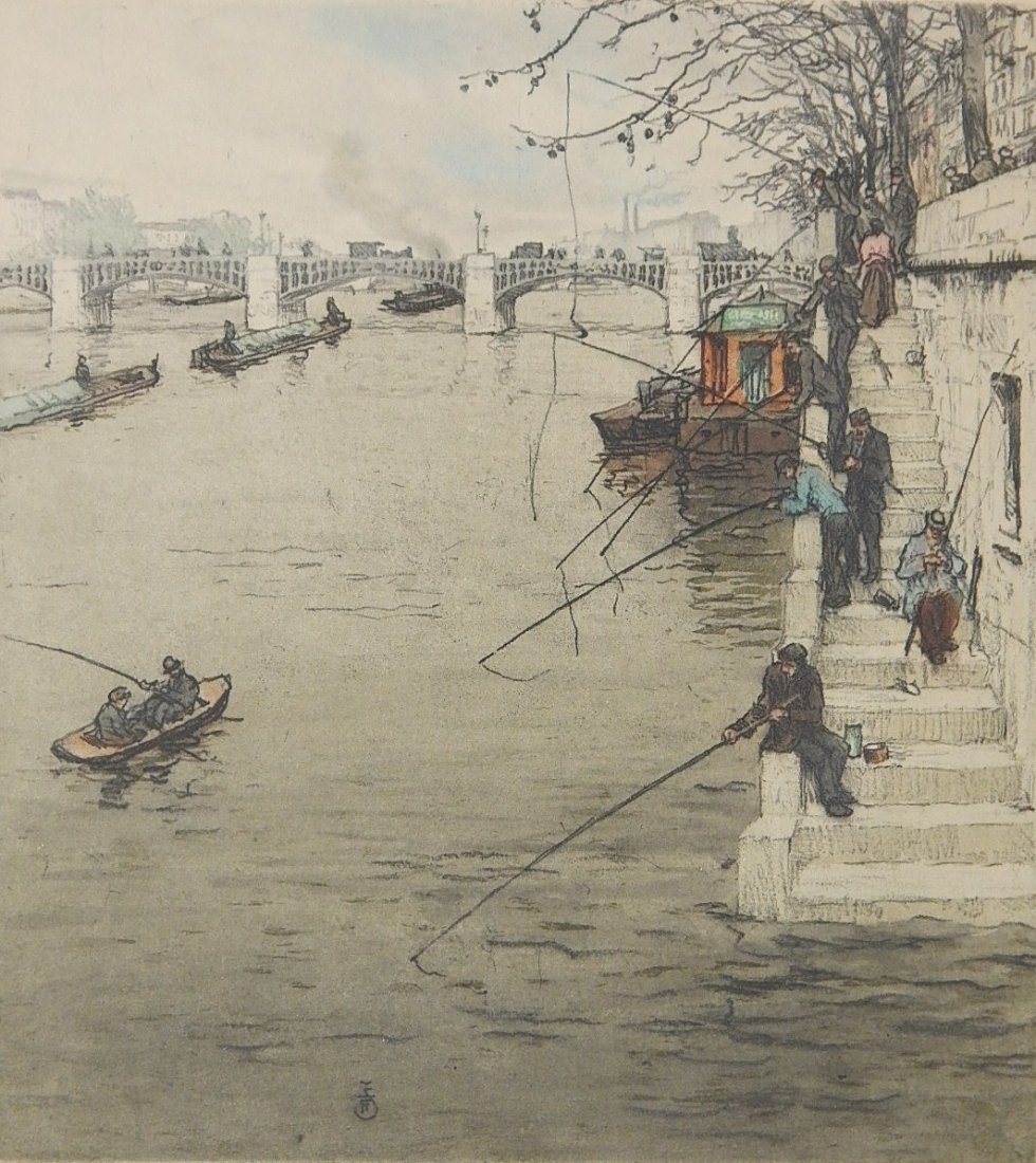 Tavik F. Simon etching in colors: Tavik F. Simon- ''Parisian Fisherman'' (Novak 346)- color soft-ground and aquatint, 1921, signed in pencil, edition of 200, laid down. 11 5/8 x 10 1/2''