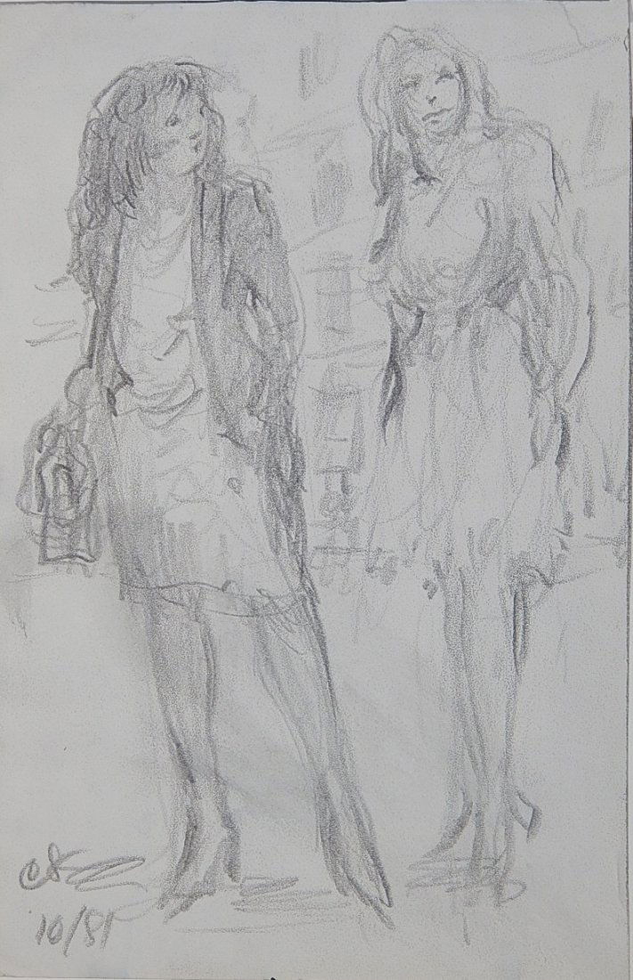 Clyde Singer graphite: Clyde Singer- Looking- graphite on paper, initialed 'CS' and numbered 10/81 in pencil lower left, partial image printed verso, minor smudging, scotch taped to top mat along upper edge verso. 8 x 5 1/4