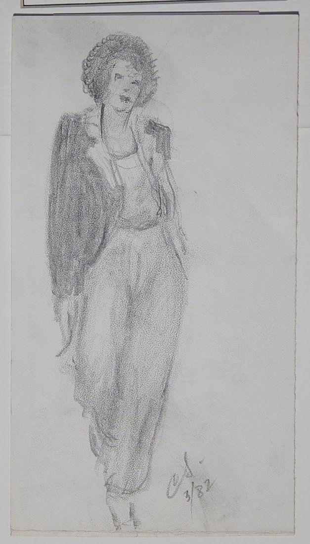 Clyde Singer graphite: Clyde Singer- Woman with a Jacket- graphite on paper, initialed 'CS' and numbered 3/82 in pencil at lower right, partial calendar printed verso, minor smudging, scotch taped to top mat along upper edg