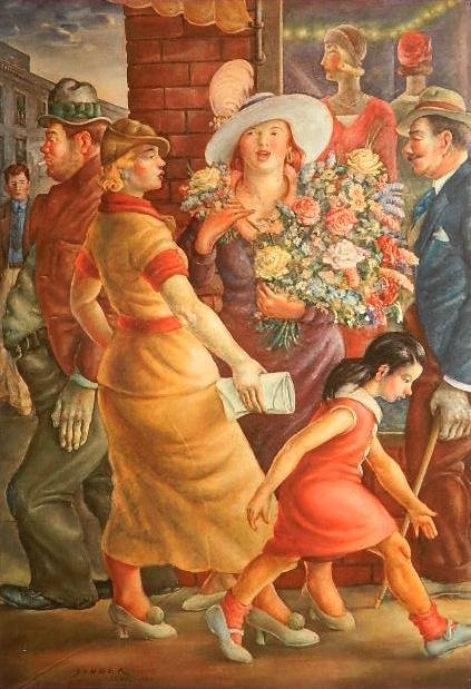 after Clyde Singer poster: after Clyde Singer- ''The Flower Vendor''- poster in colors, done after 1935 painting, for The Butler Institute of American Art, handling creases. 24 x 16 1/2'', 28 x 22'' (sheet)