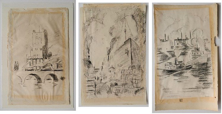 Ben Soltys 3 charcoal drawings: Ben Soltys- Industrial Scenes- 3 charcoal drawings, all signed Soltys in pencil, light struck and mat burn, handling creases, glue residue and tack holes in margins. 19 x 12'' ea. (sheet)