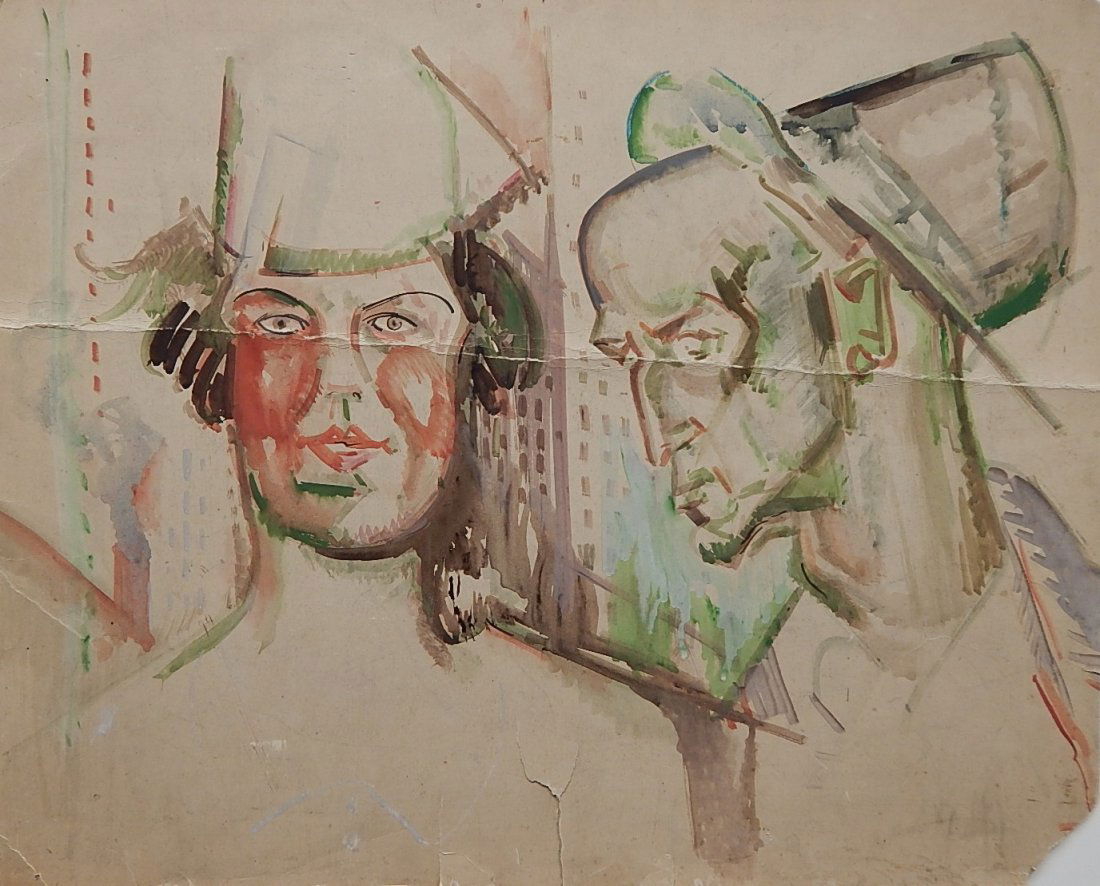 William Sommer watercolor: William Sommer- Two Heads- watercolor on cardboard, as is. 21 x 26 1/4''