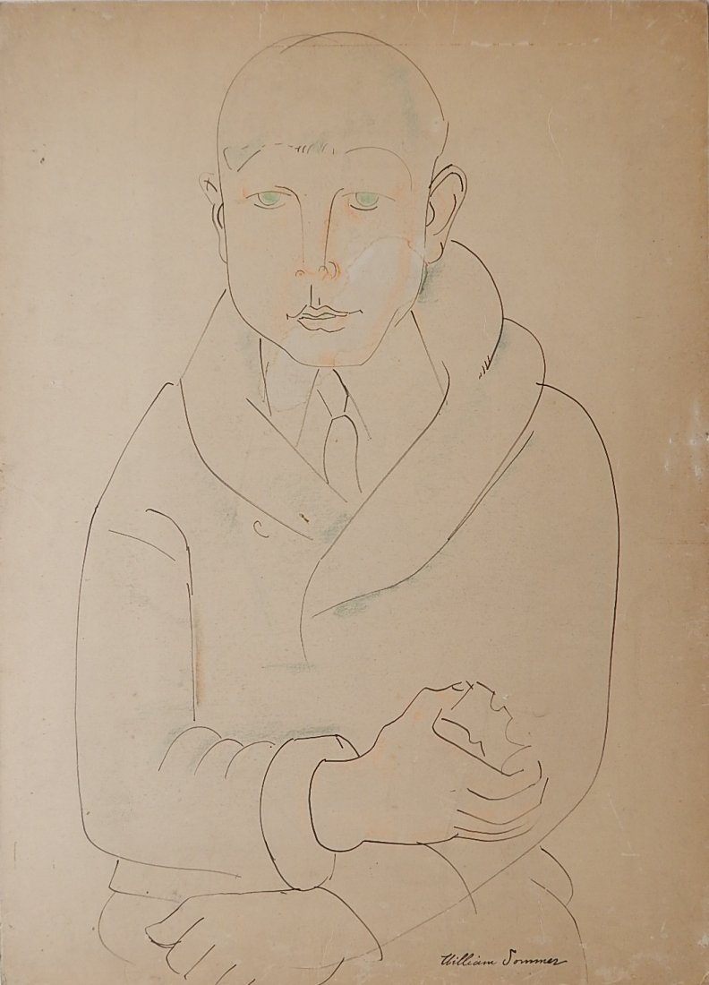 William Sommer pen and ink and chalk: William Sommer- Sweater Boy- pen and ink and chalk on paper, signed William Sommer- lower right, as is. 28 x 20''