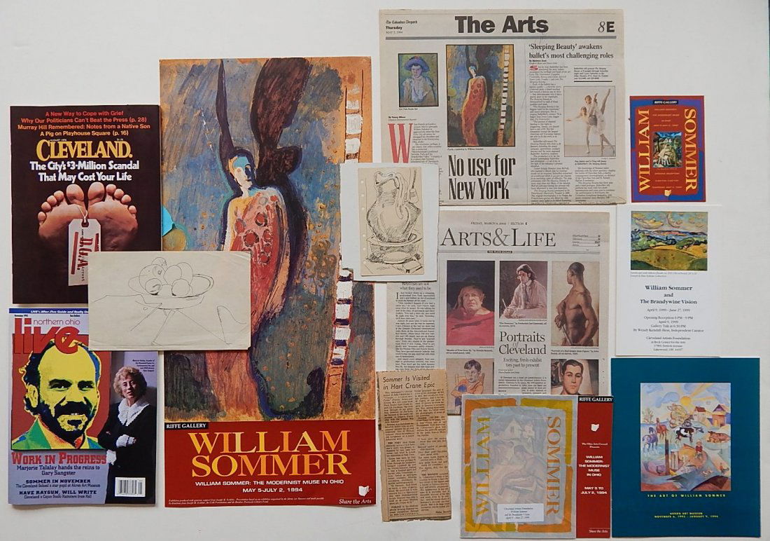 William Sommer 2 pen and ink: William Sommer- Still-Lifes- 2 pen and ink on paper, together with magazines and gallery posters on Sommer.