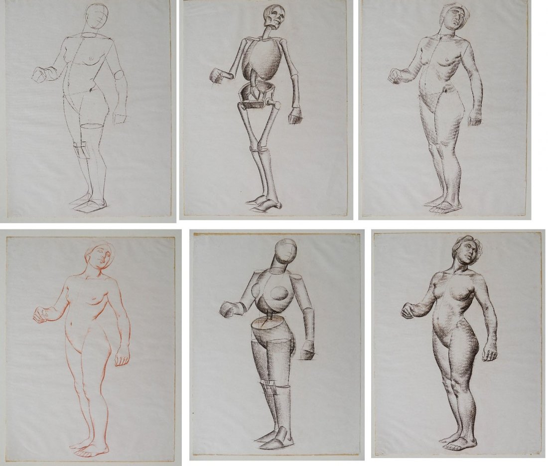 John Teyral 6 conte crayon drawings: John Teyral- Standing Female Figure- 6 conte crayon on paper, including skeletal, directional line, details, block geometric finished. 24 x 18 1/2''