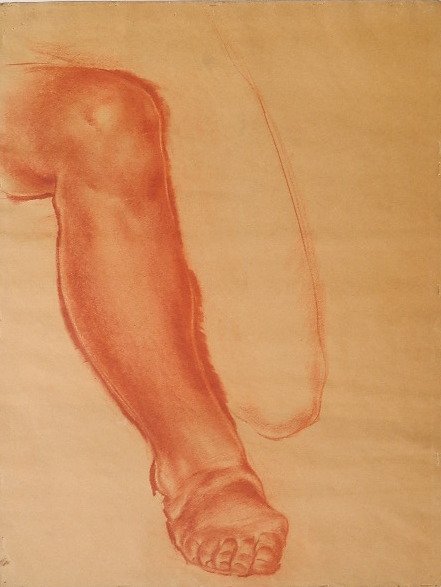 John Teyral conte crayon drawing: John Teyral- Leg Study- red conte crayon on paper, some scuffing. 22 1/2 x 17''