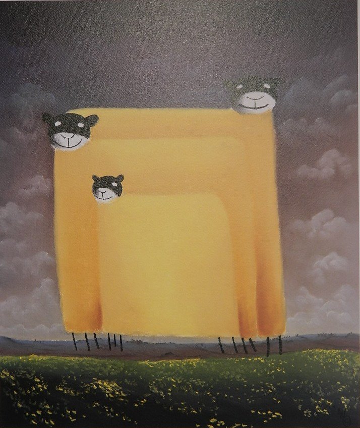 MacKenzie Thorpe photolithograph: MacKenzie Thorpe- ''High on Love''- photolithograph in colors, 2001, initialed, titled and numbered A80/200 in pencil. 18 x 16 1/2''