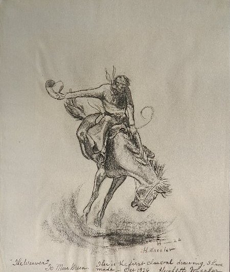 Hughlette Wheeler charcoal drawing: Hughlette Wheeler- ''The Weaver''- charcoal on paper, 1926, signed, dated, titled and inscribed 'This is the first charcoal drawing, I have made' 'To Miss Green', 2 small stains near signature, cockli