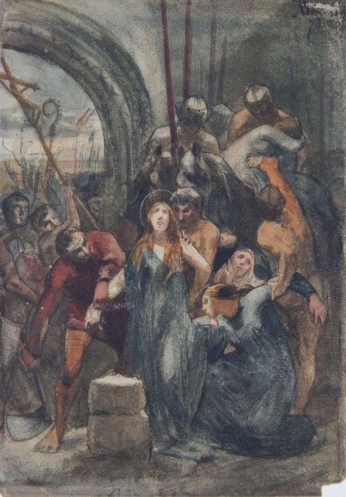 Albert Besnard watercolor: Albert Besnard (French 1849-1934)- ''Martyrdom of a Saint''- watercolor on paper, 1878, signed A. Besnard '78 upper right, abrasion upper right corner and edge, dogear fold/ tear lower left corner, re