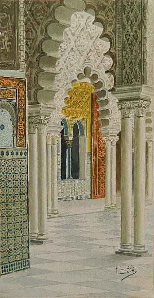 Francisco Candela watercolor: Francisco Candela (Spanish 19/20th c.)- ''Patio of the Maids, Alcazar, Seville''- watercolor on paper, signed F. Candela, Seville lower right, remnants of adhesive, paper tape along all 4 margins, oth