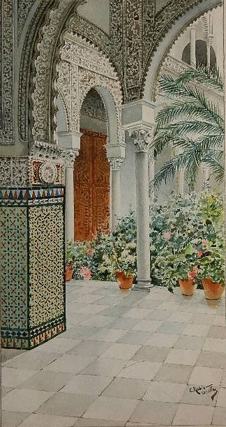 Carlos Rubio watercolor: Carlos Rubio (Italian 20th c.)- ''Patio of a Private House, Seville''- watercolor on paper, signed C. Rubio, Sevilla, lower right in image, tack holes at all 4 corners, upper left corner loss, not aff