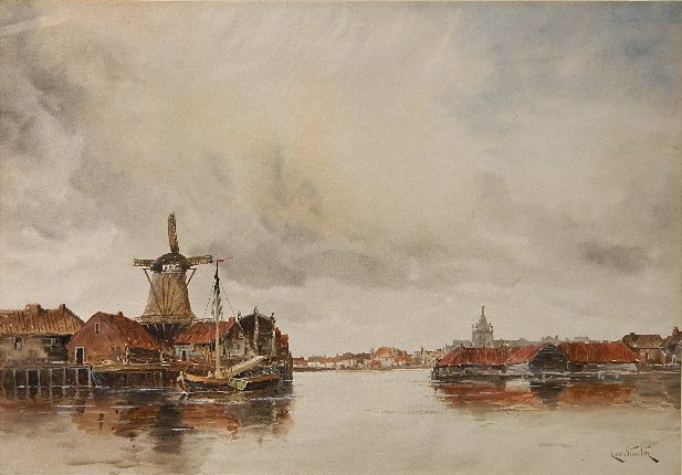 Hermanus Koekkoek II watercolor: Hermanus Koekkoek II (Dutch 1836-1909)- ''Dutch Scene''- watercolor on paper, signed L. Van Staaten lower right in image, upper center edge adhered to backboard, otherwise very good condition. 14 3/4 