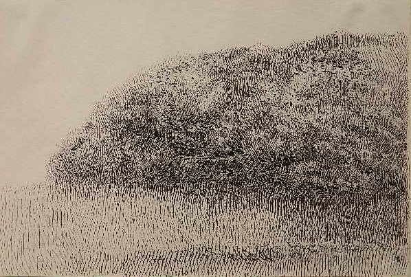 Harold Altman pen and ink: Harold Altman (American 1924-2003)- ''Hill''- pen and ink, buckling from adhesive on recto hinges, small stain upper center edge, slightly discolored edges, otherwise in good condition. 14 1/4 x 20 3/
