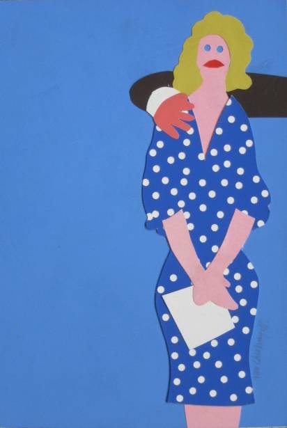 Ivan Chermayeff mixed media: Ivan Chermayeff (American 1932- )- ''Sexual Harassment in Hollywood''- mixed media collage, 1989, signed in pencil. 7 5/8 x 5 1/4''