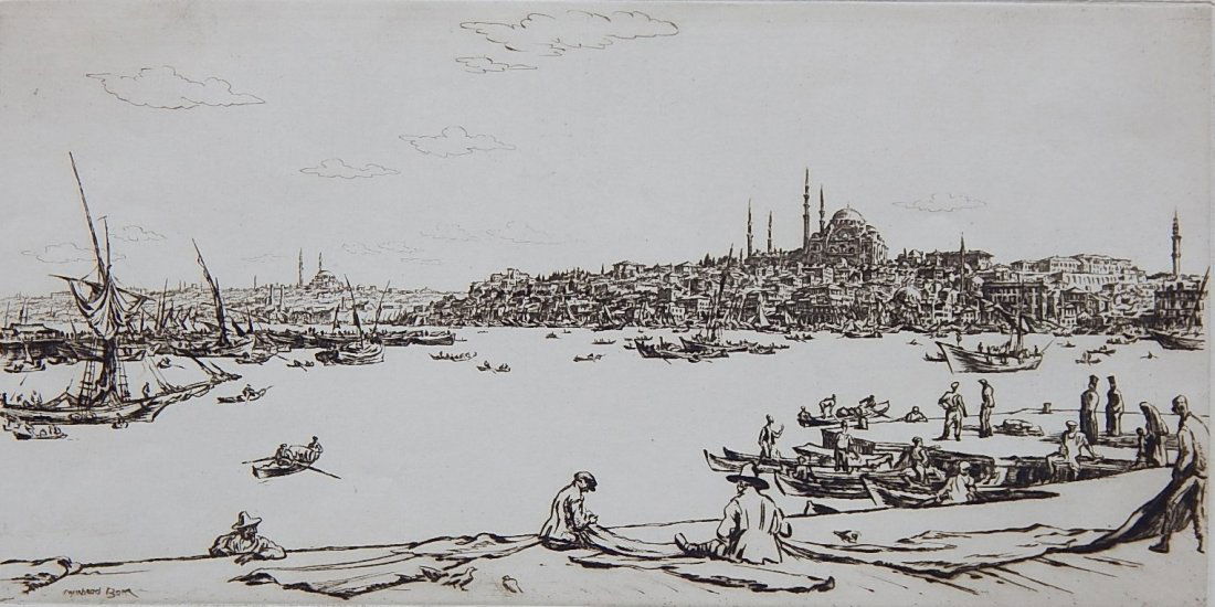 Muirhead Bone etching: Muirhead Bone (British 1876-1953)- ''Constantinople'' (Dodgson 454)- etching and drypoint, 1934, signed in pencil, very good condition. 6 x 11 3/16''