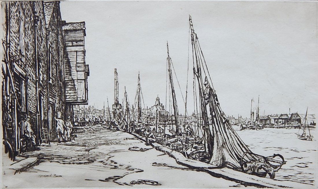Muirhead Bone etching: Muirhead Bone (British 1876-1953)- ''Shrimp Boats, Great Yarmouth'' (Dodgson 464)- etching and drypoint, 1934, signed in pencil, very good condition. 7 x 11 3/4''
