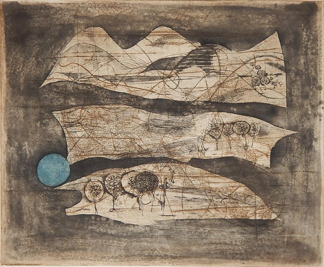 Johnny Friedlaender etching: Johnny Friedlaender (German 1912-1992)- ''Paysage Au Soleil Blur- etching in colors, 1955, singed and annotated 'epreuve d'artiste' in pencil, slightly light struck and mat burn. 16 3/4 x 20 1/2''