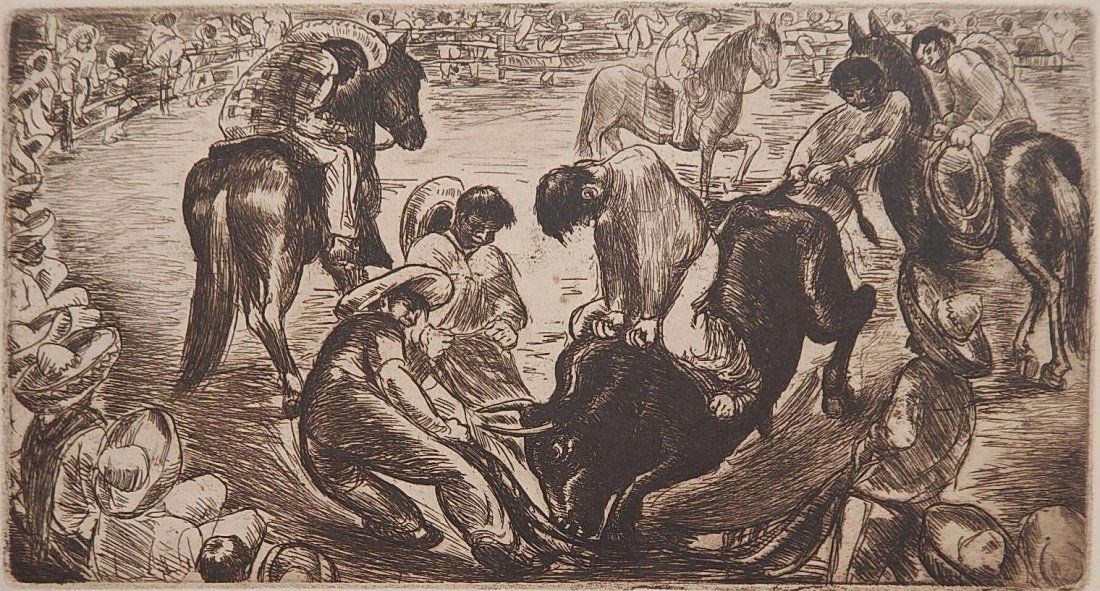 Irwin D. Hoffman etching: Irwin D. Hoffman (American 1901-1989)- ''Rodeo''- etching, signed in pencil, slightly light struck, otherwise good condition. 6 x 11 1/4''
