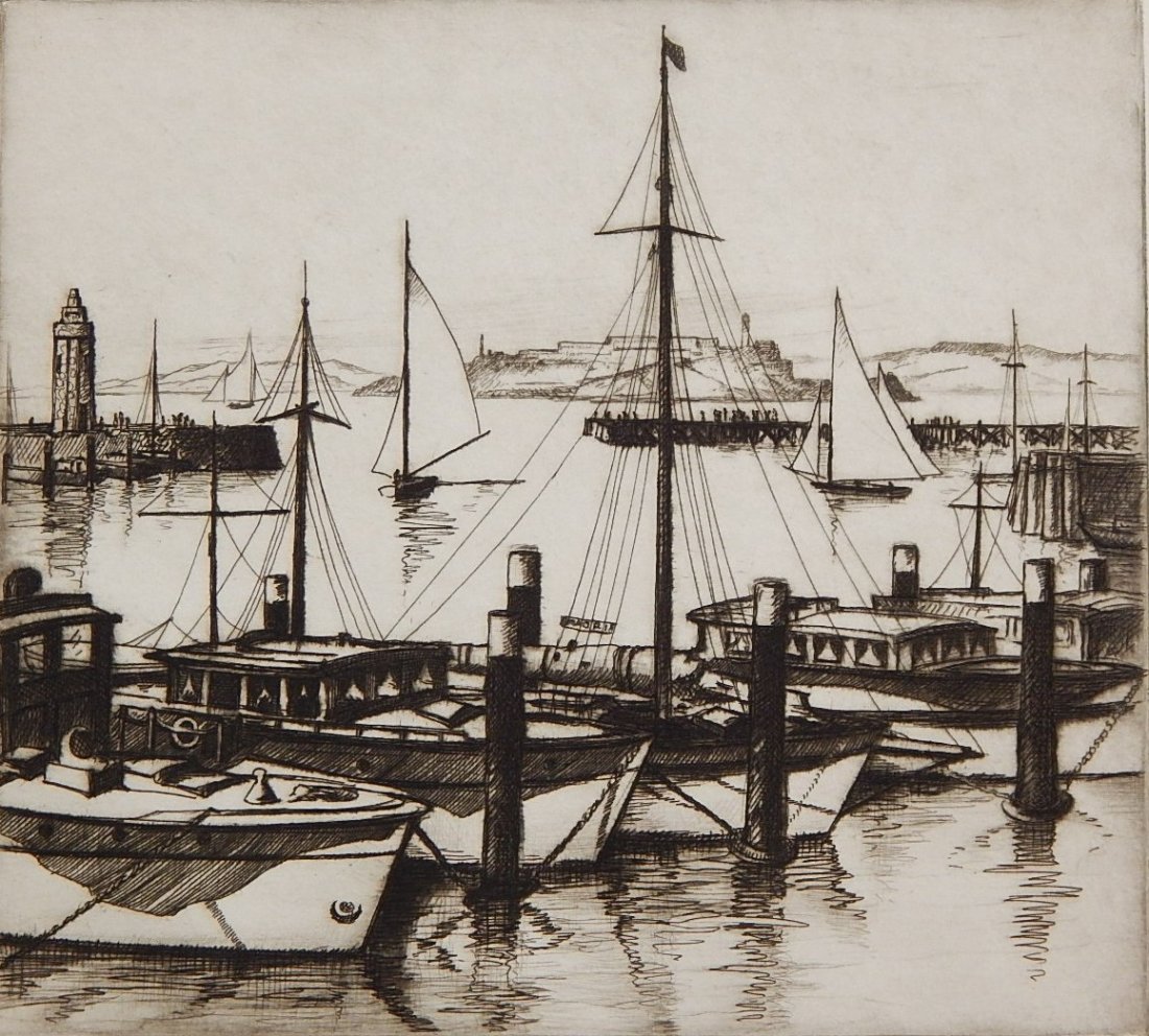 Gene Kloss etching: Gene Kloss (American 1903-1996)- ''San Francisco - Yacht Harbor'' (Kloss 323)- etching, 1935, signed, titled and numbered 65/75 in pencil, very good condition. 8 7/8 x 9 7/8''