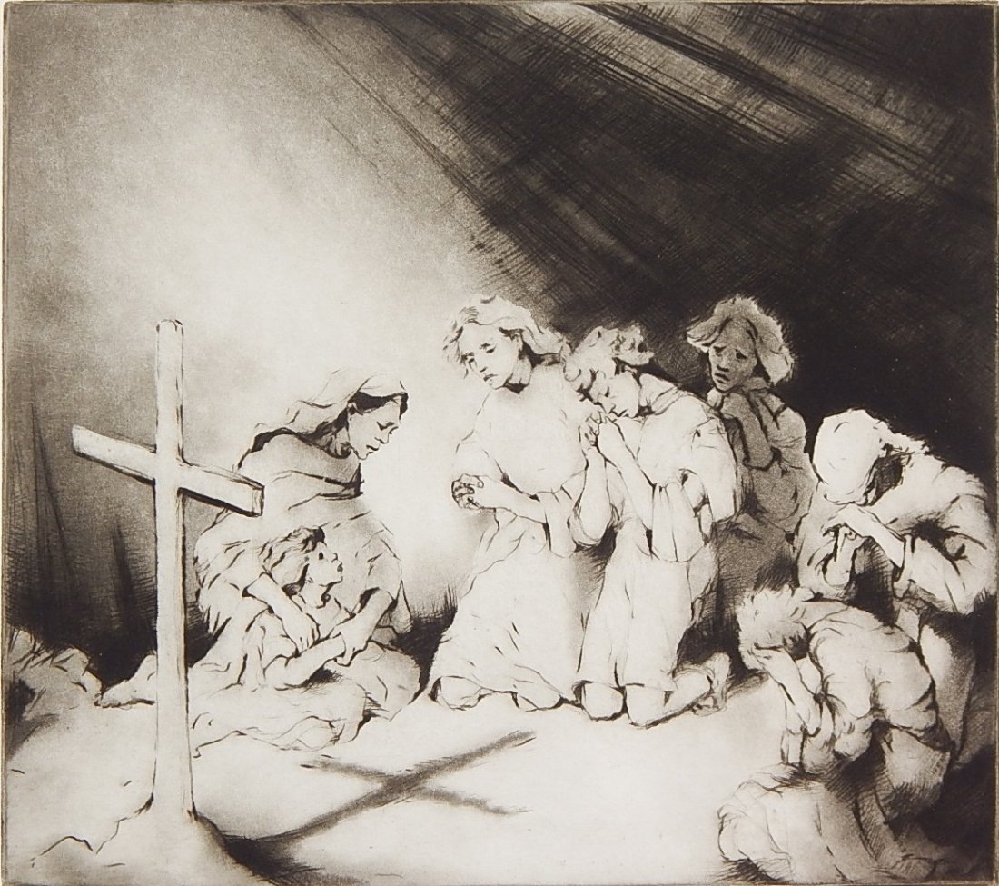Gene Kloss drypoint and aquatint: Gene Kloss (American 1903-1996)- ''Survival'' (Kloss 422)- drypoint and aquatint, 1948, signed, titled and numbered 10/35 in pencil. 11 3/4 x 13 1/4''