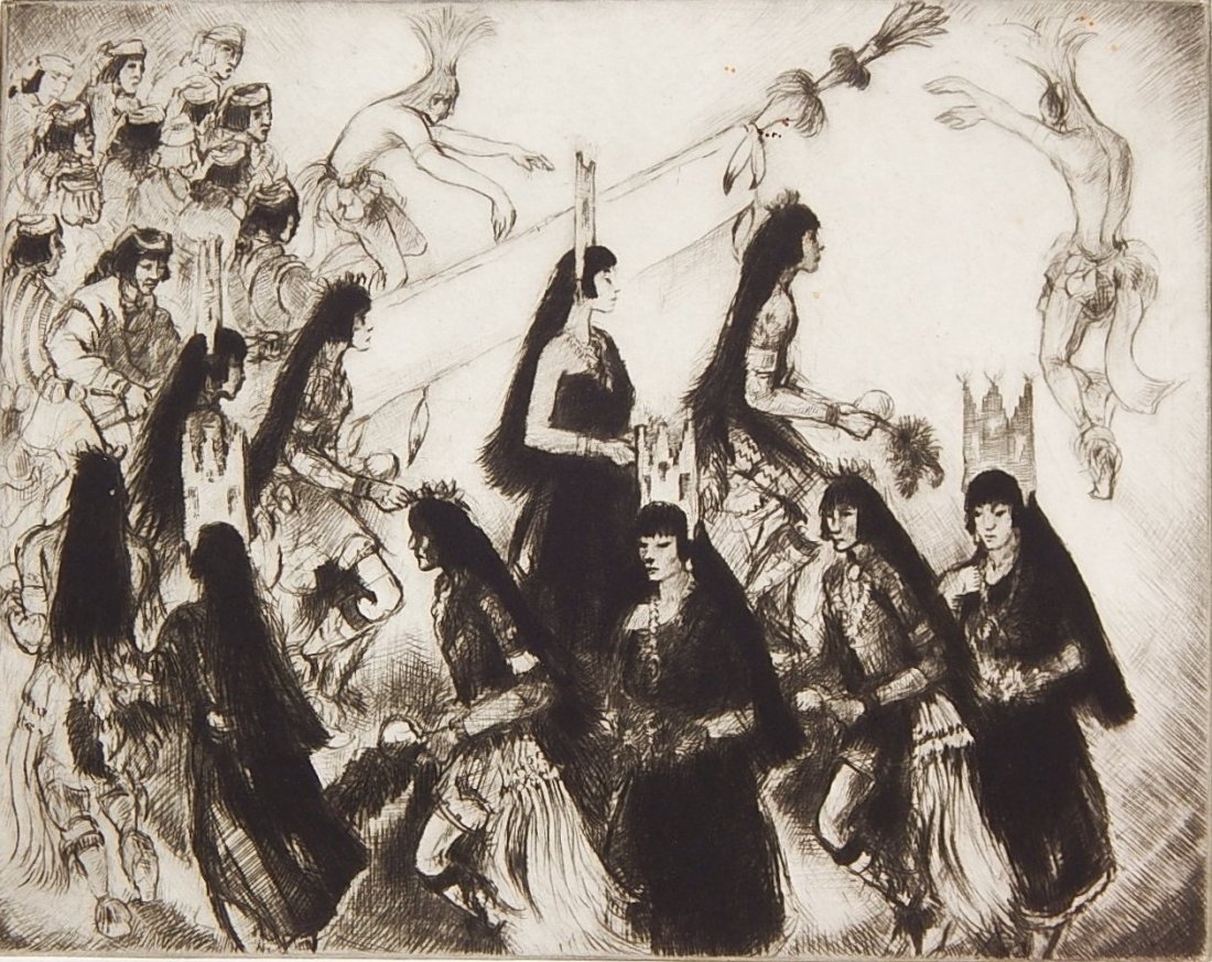 Gene Kloss drypoint: Gene Kloss (American 1903-1996)- ''Ancestor Spirit'' (Kloss 468)- drypoint, 1958, signed, titled and annotated 'artist's proof' in pencil. 11 7/8 x 15''