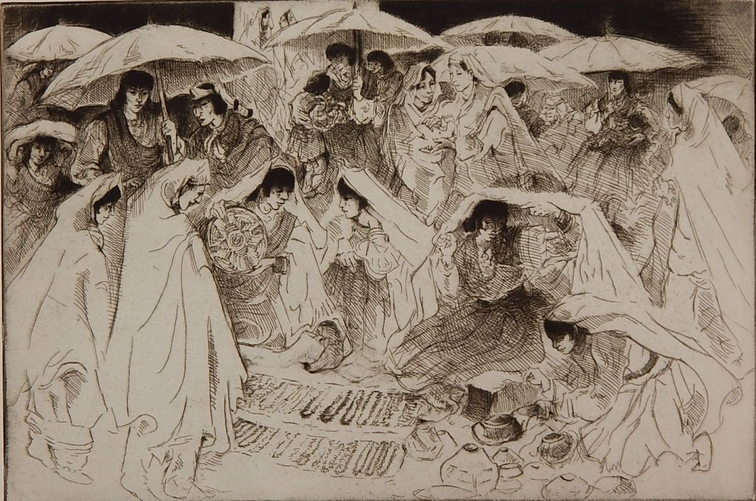 Gene Kloss etching and drypoint: Gene Kloss (American 1903-1996)- ''Fiesta Afternoon'' (Kloss 497)- etching and drypoint, 1964, signed, titled and numbered 25/50 in pencil, very good condition. 11 7/8 x 17 7/8''