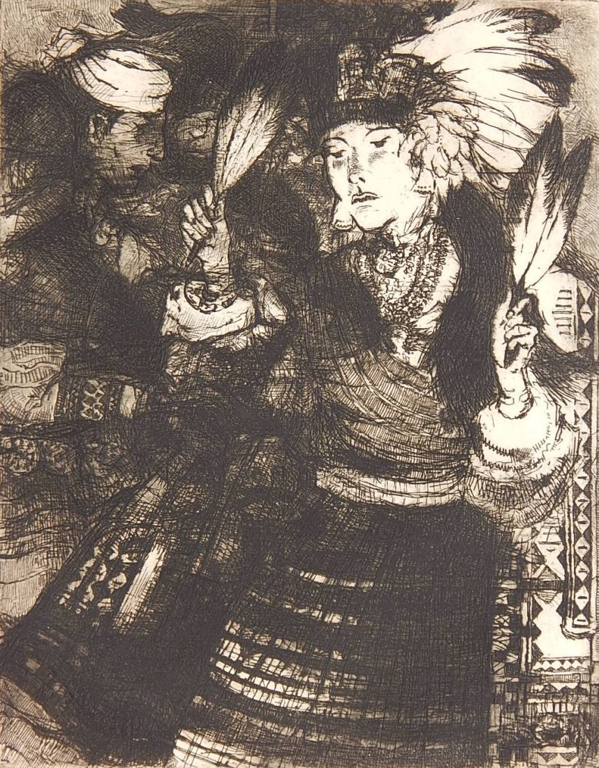 Gene Kloss etching: Gene Kloss (American 1903-1996)- ''Feather Dancer - Domingo'' (Kloss 534)- etching, 1970, signed, titled and numbered 29/75 in pencil. 14 x 11''