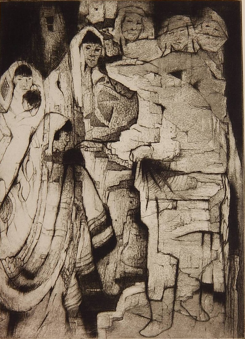 Gene Kloss etching: Gene Kloss (American 1903-1996)- ''Blessings on San Felipe Day'' (Kloss 570)- etching, 1975, signed, titled and numbered 65/75 in pencil, very good condition. 17 7/8 x 12 7/8''