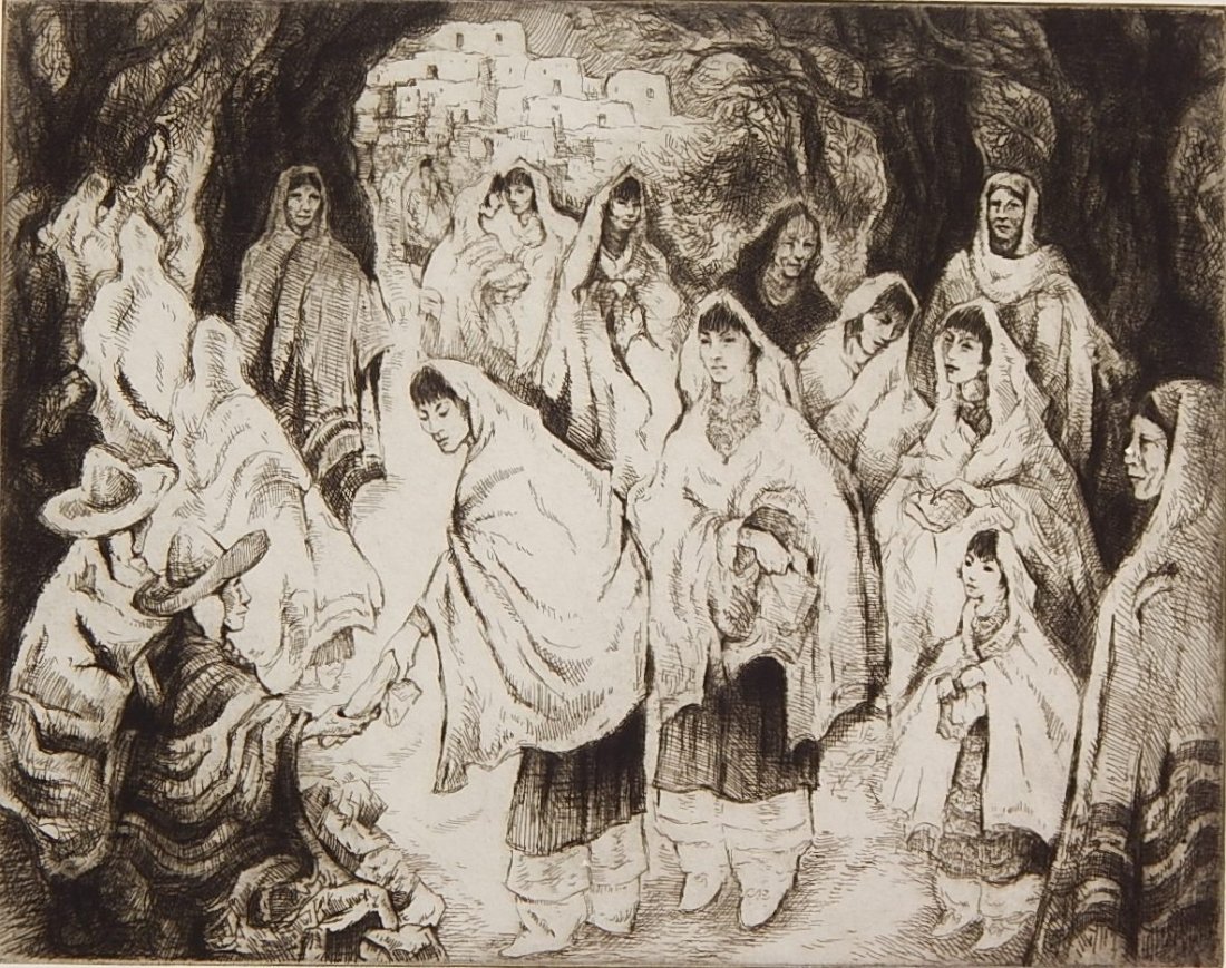 Gene Kloss etching and drypoint: Gene Kloss (American 1903-1996)- ''Prelude to The Gift Dance'' (Kloss 621)- etching and drypoint, 1984, signed, titled and numbered 11/50, very good condition. 10 7/8 x 14''
