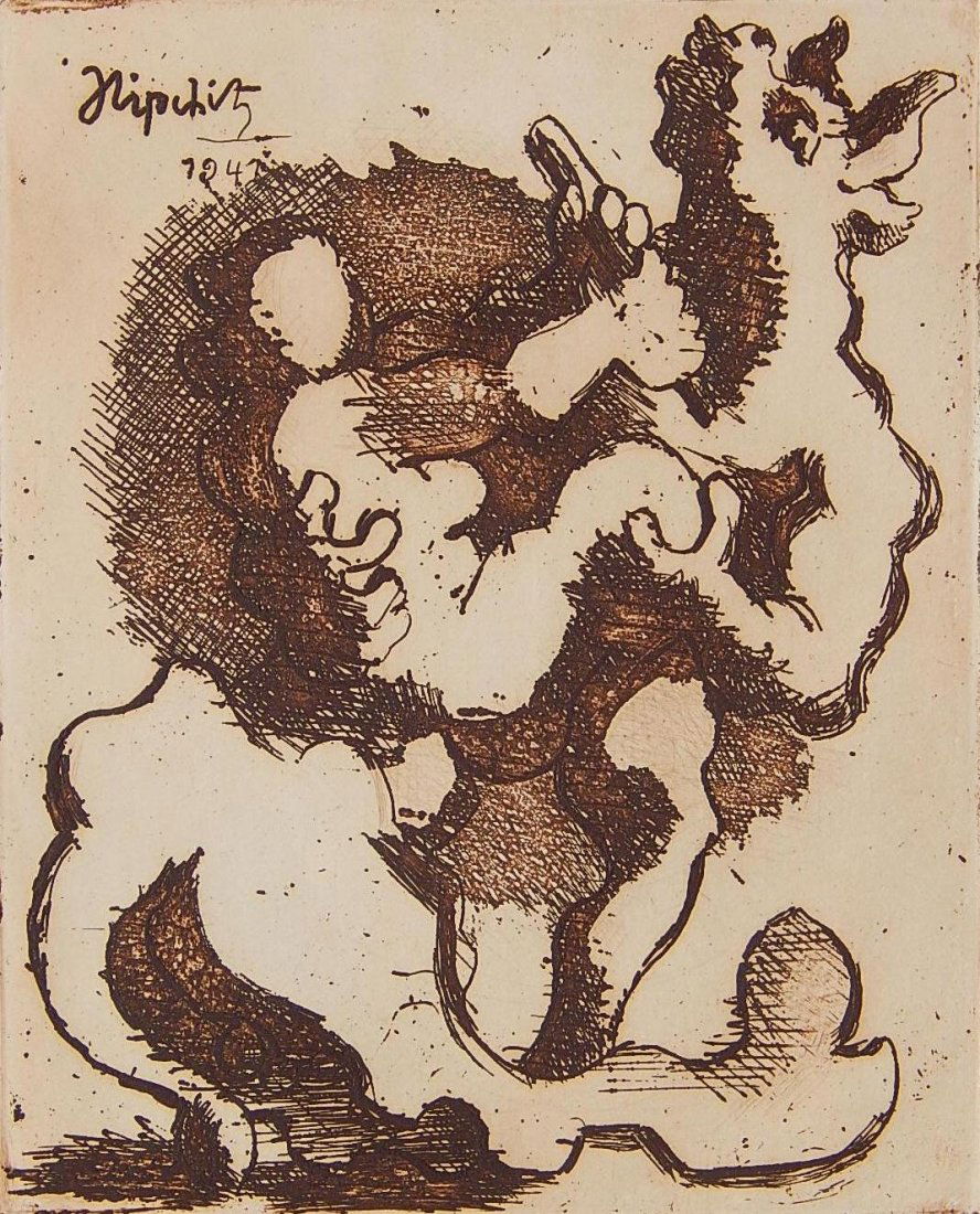 Jacques Lipchitz etching: Jacques Lipchitz (French 1891-1973)- ''L'Enlevement d'Europe''- etching, 1941, singed and numbered 44/50 in pencil, minor foxing in margins otherwise very good condition. 6 3/4 x 5 3/8''