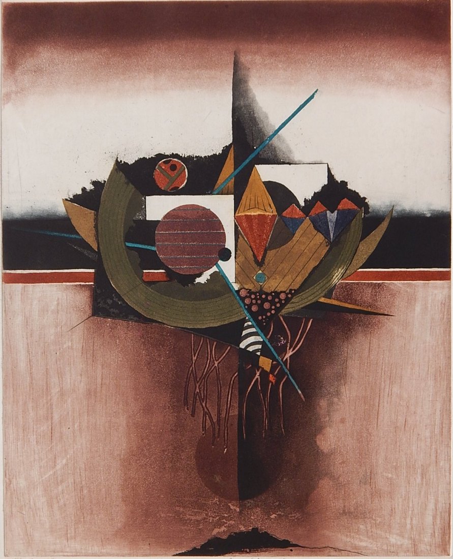 Tuvia Beeri etching in colors: Tuvia Beeri (Czechoslovakian 1929- )- ''The Lotus Flower''- etching and aquatint in colors, signed, titled and annotated 'E. A.' in pencil, very minor handling creases, otherwise very good condition.