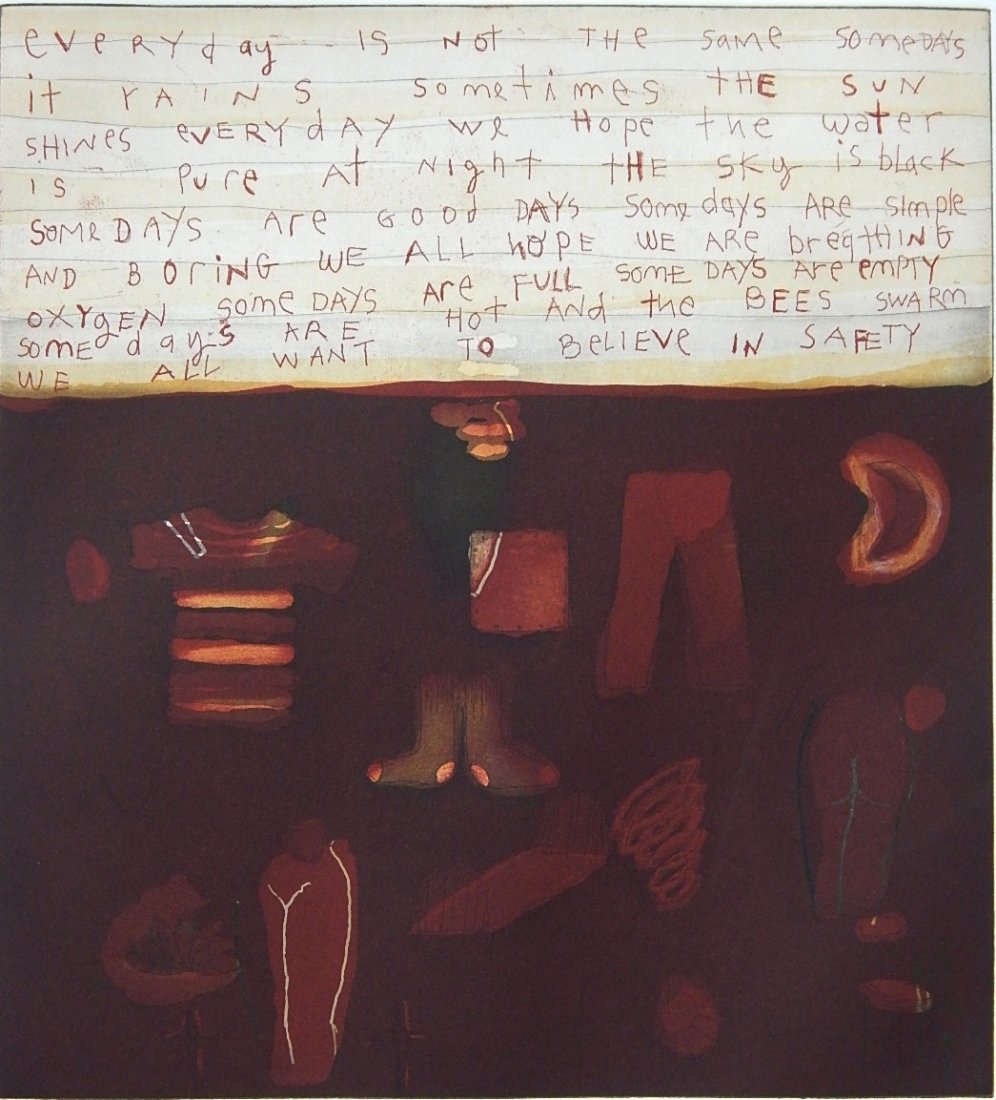 Squeak Carnwath etching: Squeak Carnwath (American 1947- )- ''We All Want To Believe''- etching in colors, 1989, signed, dated and numbered 19/50 in pencil. 13 x 11 3/4''