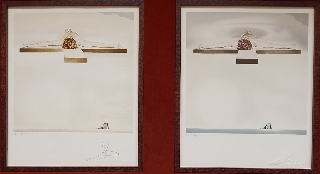 Salvador Dali lithograph: Salvador Dali (Spanish 1904-1989)- ''Crucifixion'' (Field 82-1)- pair of lithographs in color, 1982, print on left is signed in pencil, print on right bears embossed replica of a signature, both annot