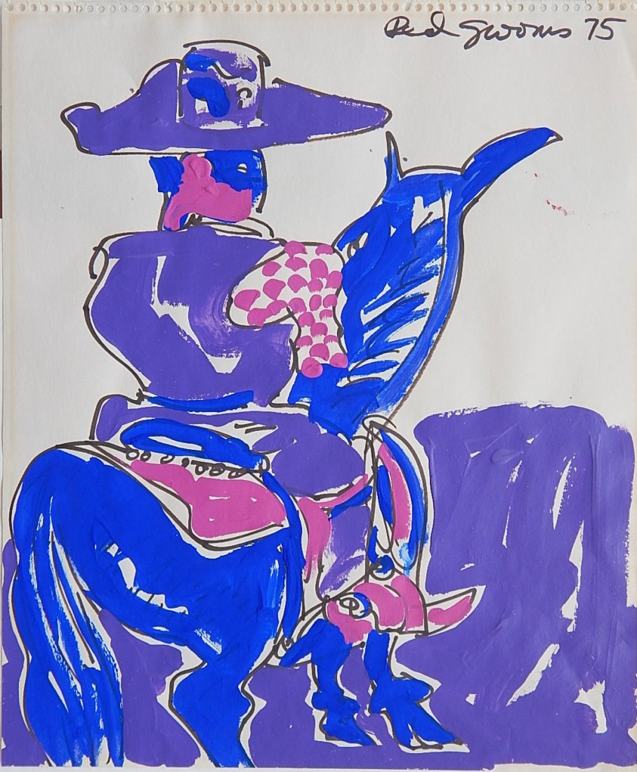 Red Grooms acrylic and felt pen: Red Grooms (American 1937- )- ''Study for Ruckus Rodeo''- acrylic and felt pen on paper, 1975, signed 'Red Grooms '75' upper right. 17 x 15'' Provenance: Marlborough-Gerson Gallery Inc., New York.