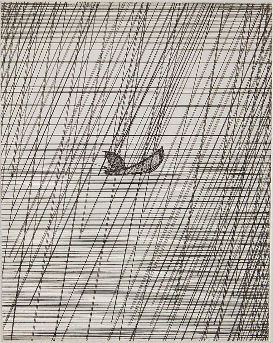 Art Hansen etching: Art Hansen (American 1929- )- ''Fisherman in Rainstorm'' (AAA/Czestochowski 1984.008)- etching, 1982, signed, dated, titled and numbered 85/250 in pencil, very good condition. 9 7/8 x 7 7/8''