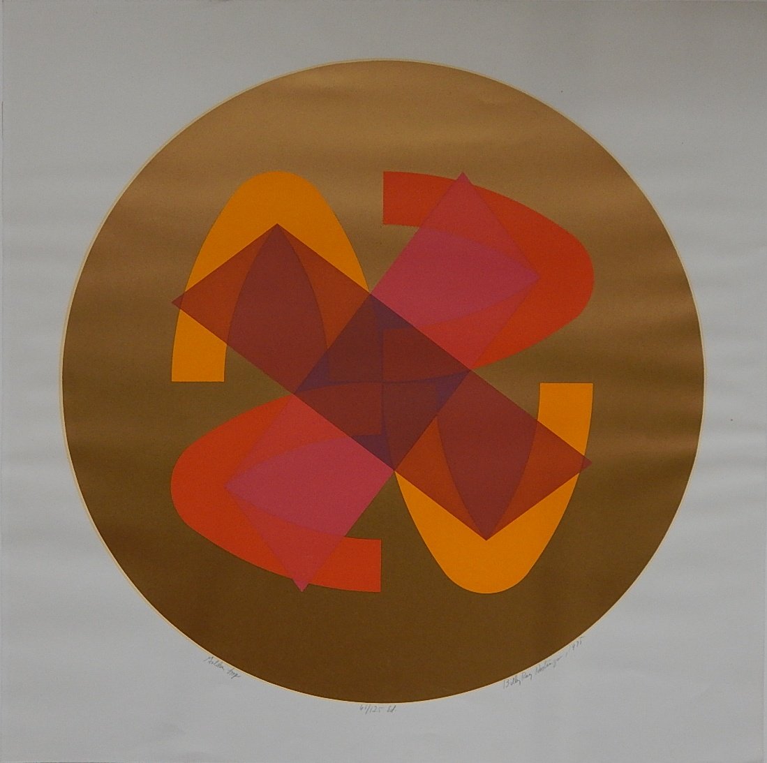 Billy Ray Hastings silkscreen: Billy Ray Hastings (American 20th c.)- ''Golden Loop''- silkscreen in colors, 1975, signed, dated, titled and numbered 61/125 in pencil. 21 1/2'' dia.