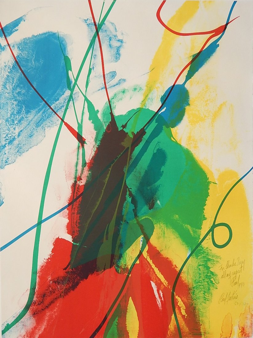 Paul Jenkins lithograph: Paul Jenkins (American 1923-2012)- Untitled- lithograph in colors, signed, numbered 63/130 and inscribed 'For Charles Terry, All My Respect Paul 1970' in pencil, good condition. 28 3/4 x 21 1/2''