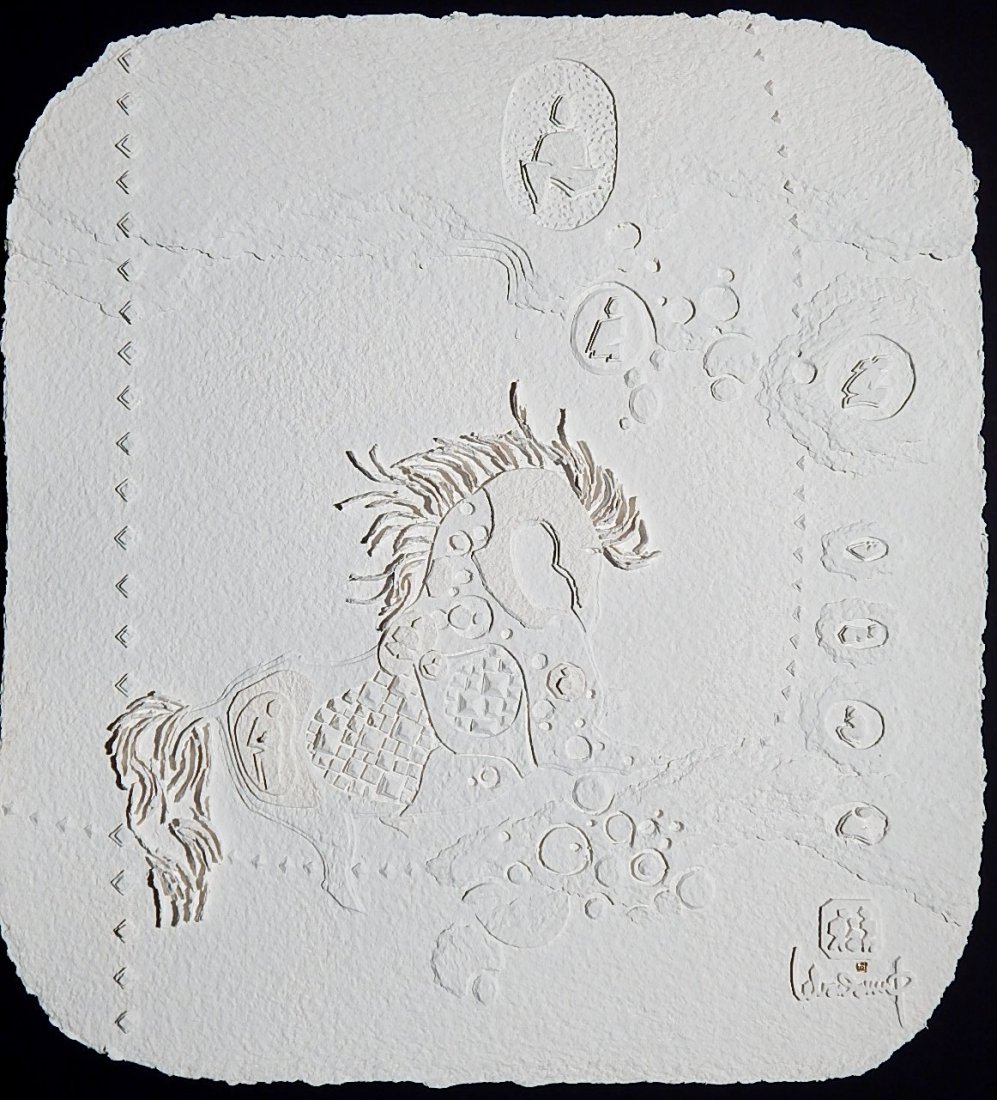 Lebadang paper relief sculpture: Lebadang (Vietnamese 1922- )- ''Tamed Horse''- handmade paper relief sculpture, good condition. 26 1/2 x 24 1/4''